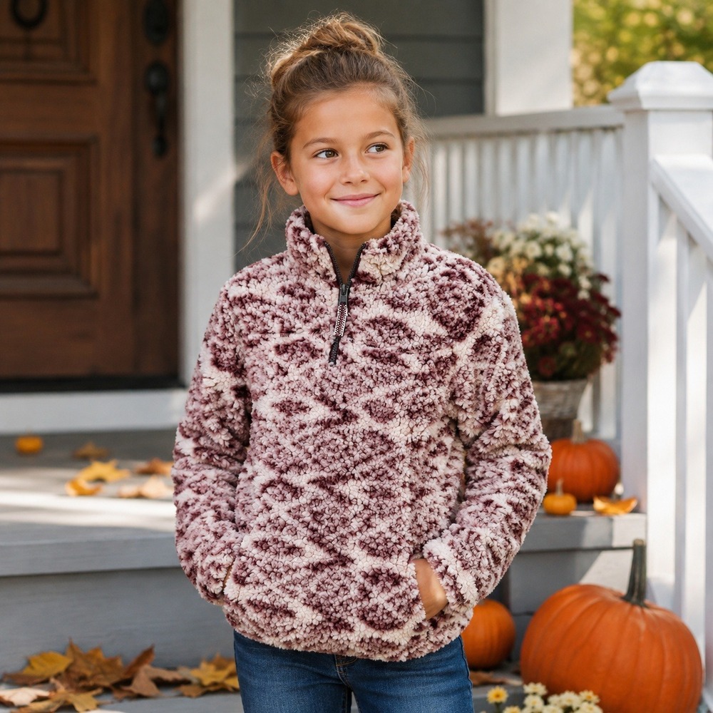 Cuddly Sherpa Kids 7/8 Burgundy Aztec Faux Fur Quarter Zip‎ Pullover